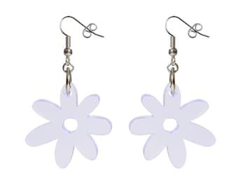 May include: A pair of silver dangle earrings with a light purple flower-shaped charm. The flower has a hole in the center.