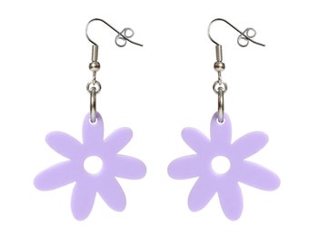 May include: A pair of lavender flower-shaped dangle earrings with silver hooks.