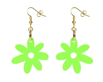 May include: A pair of green flower-shaped dangle earrings with gold hooks.