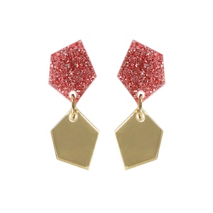 Double drop nugget stud earrings in glitter and mirror acrylic - Pink Glitter & Gold Mirror
