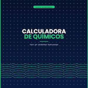 Puede incluir: Un gráfico digital azul oscuro con una cuadrícula de puntos azul claro y líneas onduladas verdes en la parte inferior. El texto dice CALCULADORA DE QUÍMICOS, Cloro, pH, Alcalinidad, Dosis exactas y HOJA EXCEL - DESCARGA INMEDIATA en blanco y verde.