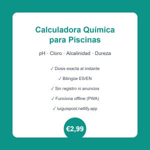Puede incluir: Una interfaz digital rectangular blanca con texto verde azulado titulada Calculadora Química para Piscinas. Enumera pH, Cloro, Alcalinidad, Dureza y funciones como Dosis exacta al instante, Bilingüe ES/EN, Sin registro ni anuncios, Funciona offline y luiguispool.netlify.app.