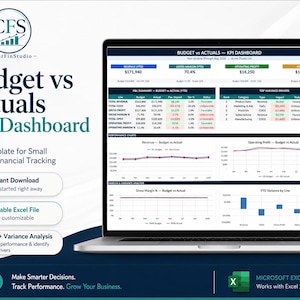 May include: A laptop screen displaying a Budget vs Actuals KPI Dashboard Excel template. The interface includes financial summary tables, line graphs for revenue and operating profit, and bar charts for variance analysis, with text labels in English.
