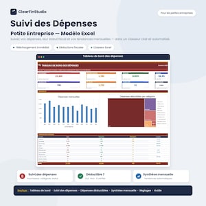 May include: ClearFinStudio expense tracking Excel template for small businesses. The interface displays a dashboard with monthly expense bar charts, a treemap for deductible expenses by category, and a detailed table summarizing financial data.