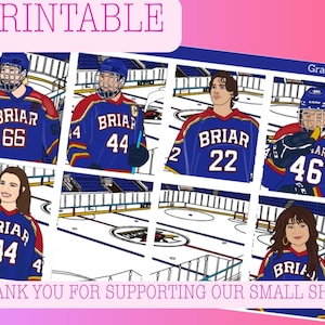 May include: A printable sheet featuring illustrations of hockey players in blue, red, and yellow Briar jerseys with numbers 66, 44, 22, and 46, plus two individuals in jerseys. The text includes PRINTABLE, Graham, and THANK YOU FOR SUPPORTING OUR SMALL SHOP!