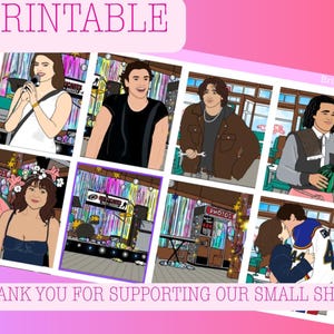May include: A digital sticker sheet featuring eight illustrated panels with various characters and scenes, including a person with a microphone, a person in a brown jacket, a person holding a watermelon, and a couple kissing, with the text PRINTABLE.