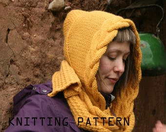 Knitting pattern, knit hooded scarf for women