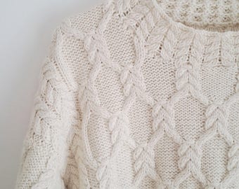 Hand Knit Cream Wool Alpaca Sweater - Chunky Cable Knit