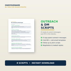 Puede incluir: Un documento digital titulado NIL Outreach & DM Scripts para atletas universitarios, que incluye 8 plantillas listas para enviar para correos electrónicos, mensajes directos, seguimientos y negociaciones. El diseño muestra los guiones y funciones.
