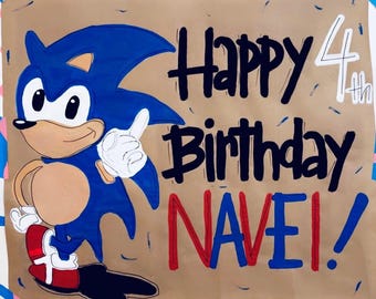 Hand-Painted Sonic Birthday Banner: Custom Kraft Paper Party Decor