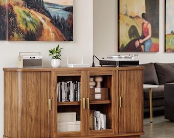 63 Inch Fluted Sideboard Buffet Cabinet Sliding Doors LED Coffee Bar Storage Console