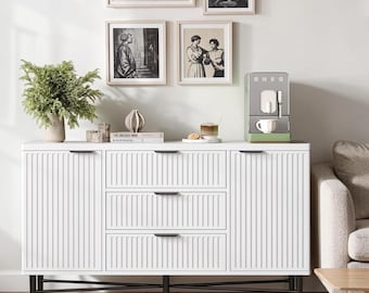 55 Inch Fluted Sideboard Buffet Cabinet 3 Drawer Credenza Adjustable Shelves Coffee Bar Storage