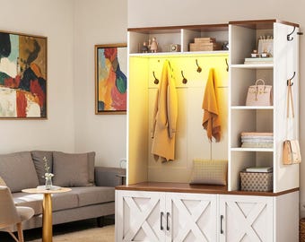 Farmhouse Hall Tree Bench with Coat Rack, Shoe Storage, and LED Lighting – Engineered Wood