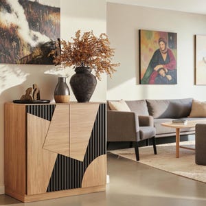 33 Inch Geometric Fluted Sideboard Cabinet Modern Credenza Two Door Adjustable Shelf Storage