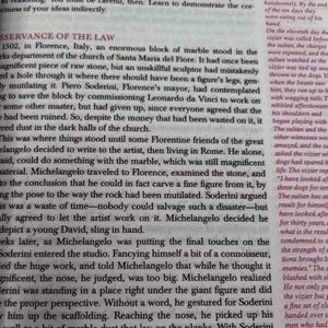 May include: A page of printed text featuring the title OBSERVANCE OF THE LAW in bold capital letters. The text recounts a historical narrative about Michelangelo, a block of marble in Florence, and a conversation regarding a sculpture of David.