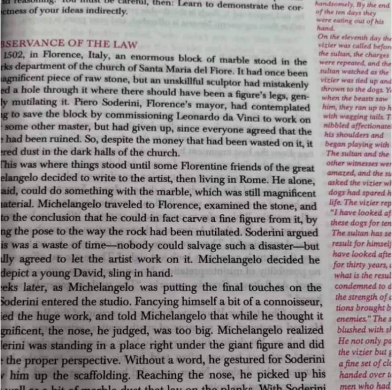 May include: A page of printed text featuring the title OBSERVANCE OF THE LAW in bold capital letters. The text recounts a historical narrative about Michelangelo, a block of marble in Florence, and a conversation regarding a sculpture of David.