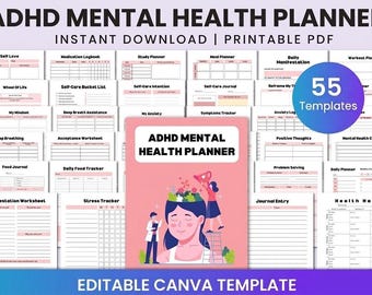 Planer zdrowia psychicznego ADHD dla osób z ADHD, który pomaga w skupieniu | Dziennik produktywności do druku | Edytowalny szablon Canva | Dziennik codziennej organizacji, śledzenie celów