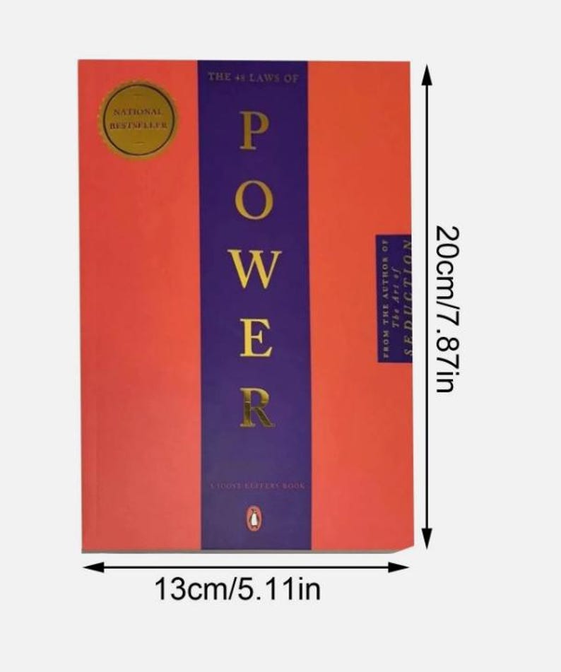 May include: The 48 Laws of Power book with a red cover and a central purple vertical stripe featuring gold text. It measures 7.87 inches in height and 5.11 inches in width. A gold National Bestseller seal is visible, along with the author's name.