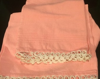 Set of 2 Pink Tea Towels with White Tatted Edges