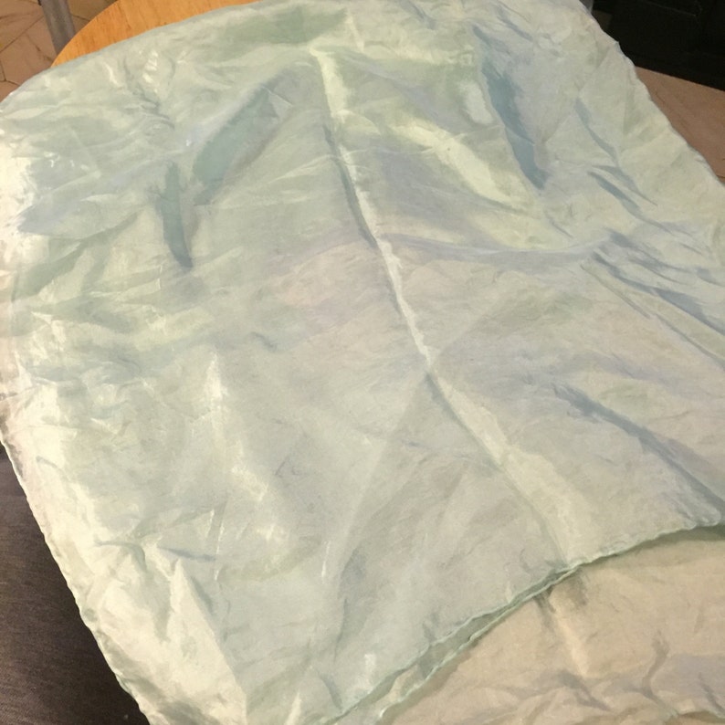 May include: A light blue sheer fabric scarf. The fabric is translucent and has a slightly crinkled texture.