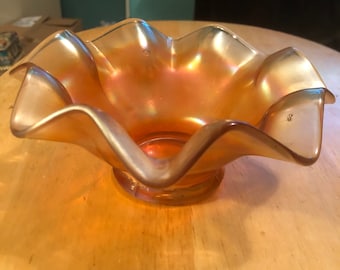 Opalescent Amber Blown Glass Candy Dish