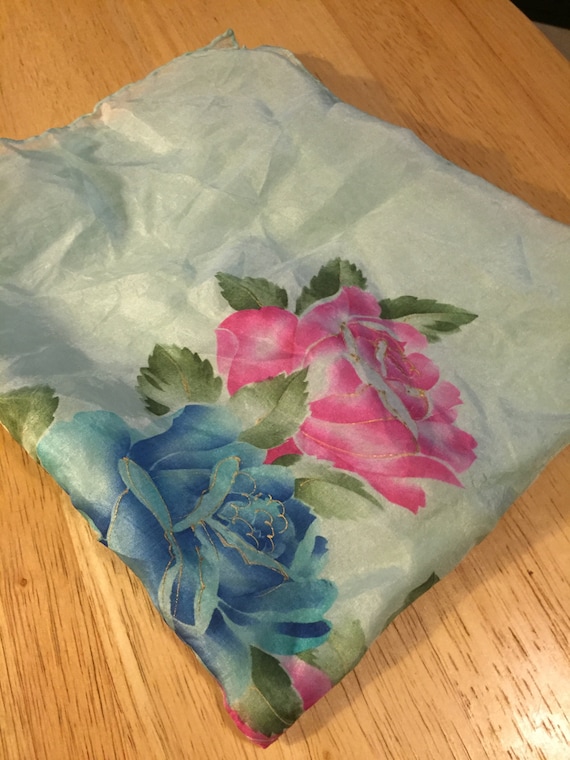 Pastel Green Silk Scarf with Flowers