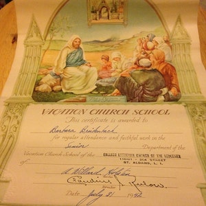 May include: A certificate from Vacation Church School awarded to Barbara Breidentach for regular attendance and faithful work in the Senior Department of the English Lutheran Church of the Redeemer, dated July 31, 1942.