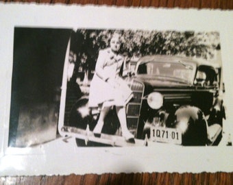 Girl on a Car - 1941 Black and White Photo