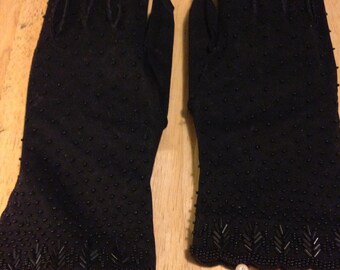 Black Beaded Gloves - Over the Wrist