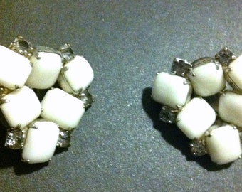White stone clip earrings