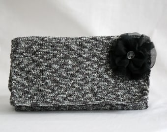 Black and White Clutch with Black Flower