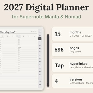 2027 Supernote Planner for Manta & Nomad, Oct 2026 - Dec 2027, Hyperlinked Digital Planner PDF, Daily Weekly Monthly, Habit Tracker