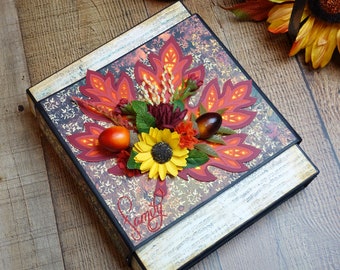 Handcrafted folio style scrapbook album Fall themed, titled FAMILY with removeable sleeve, a completed album, ready to ship, scrapbook album