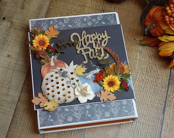 Handcrafted folio style fall themed scrapbook album. Titled Happy Fall, with removeable sleeve, a completed album, ready to ship, scrapbook