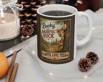 Bucky the Bashful Buck Ceramic Mug | Cute Deer Illustration, Funny Woodland Mug