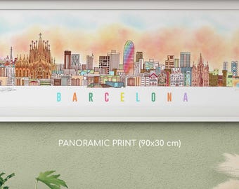 Barcelona Skyline Hand Drawing, Sagrada Familia Art Gaudi Centenary, Panoramic Digital Poster, Jesus Tower, Printable Wall Decor Art Print