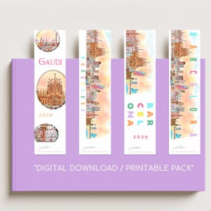 Puede incluir: Cuatro marcapáginas verticales con ilustraciones en acuarela de la arquitectura de Barcelona, incluyendo la Sagrada Familia y diseños de Gaudí. El texto incluye "GAUDI", "BARCELONA", "2026" y "DIGITAL DOWNLOAD / PRINTABLE PACK".