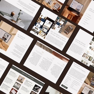 May include: A digital services and pricing guide template featuring multiple page layouts with text, headings, and imagery. The document includes sections for the studio, design process, add-on options, and client onboarding, presented in a clean, professional layout.