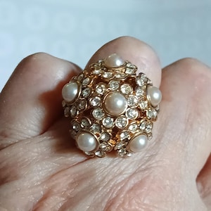 Vintage Gold Tone Domed Cocktail Ring, Faux Pearl and Rhinestone Flower Cluster Unsigned Statement Ring, Size 7 - 7.5