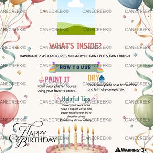 May include: A birthday-themed instructional flyer featuring colorful balloons, confetti, and a cake with candles. Text includes Add Your Kit or Company Name here, WHAT'S INSIDE, HOW TO USE, PAINT IT, DRY, Helpful Tips, and HAPPY BIRTHDAY with safety icons.