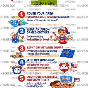 May include: An instructional infographic for a 4th of July craft project featuring five numbered steps. It includes illustrations of children painting, fireworks, an alarm clock, and text such as Happy 4th of July, Thank You, and safety warnings.