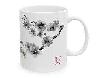 White Coffee Mug Floral Monochrome Cherry Blossom Ceramic Cup