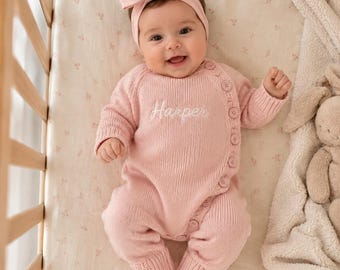 Personalised Baby Romper, Embroidered Newborn Knitted Onesie, Custom Name Baby Girl Boy Coming Home Outfit, Baby Shower Gift