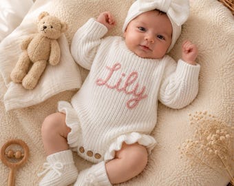 Set tutina personalizzata per neonato, tutina con nome ricamato su misura, completo in maglia per neonato, completo per il rientro a casa del neonato
