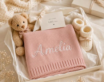 Personalised Baby Blanket, Custom Embroidered Name Blanket, Baby Gift With Card, Newborn Baby Shower Gift, Knitted Baby Keepsake