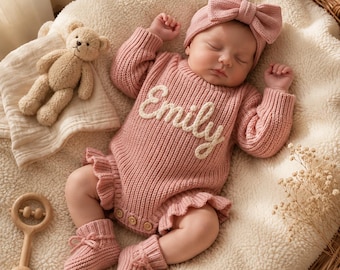 Conjunto de pelele personalizado para bebé, conjunto de punto con nombre personalizado para bebé, conjunto para la salida del hospital del recién nacido, regalo de pelele para niña