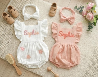 Personalised Newborn Romper, Embroidered Name Baby Girl Outfit, Custom Muslin Bubble Romper, Coming Home Outfit, Baby Shower Gift
