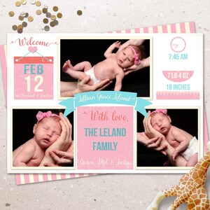 Faire-part de naissance - 3 photos - rose et bleu sarcelle - look vintage - présentez votre bébé à tous vos amis et votre famille - personnalisé, personnalisé