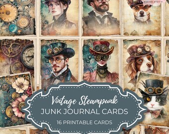 Steampunk Junk Journal Cards: vintage industriële ephemera, digitale download printables