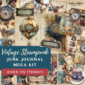 Kit de diário de sucata "Vintage Steampunk" - 115 papéis para impressão, etiquetas, itens de fantasia industrial, artesanato em papel, folhas de colagem 11 x 8,5